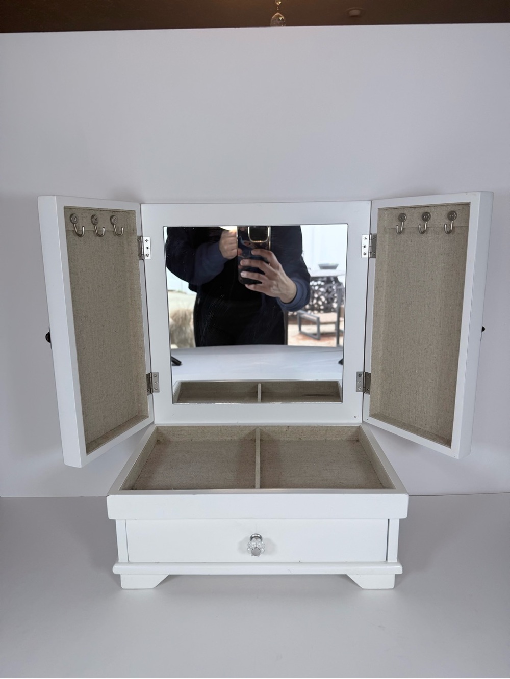 Cynthia Rowley White Jewelry Cabinet with Mirror and Linen Interior